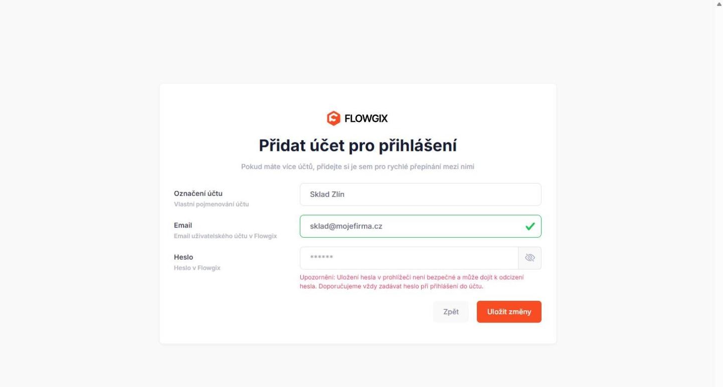 Formulář Přidat účet pro přihlášení s poli Označení účtu, Email a Heslo