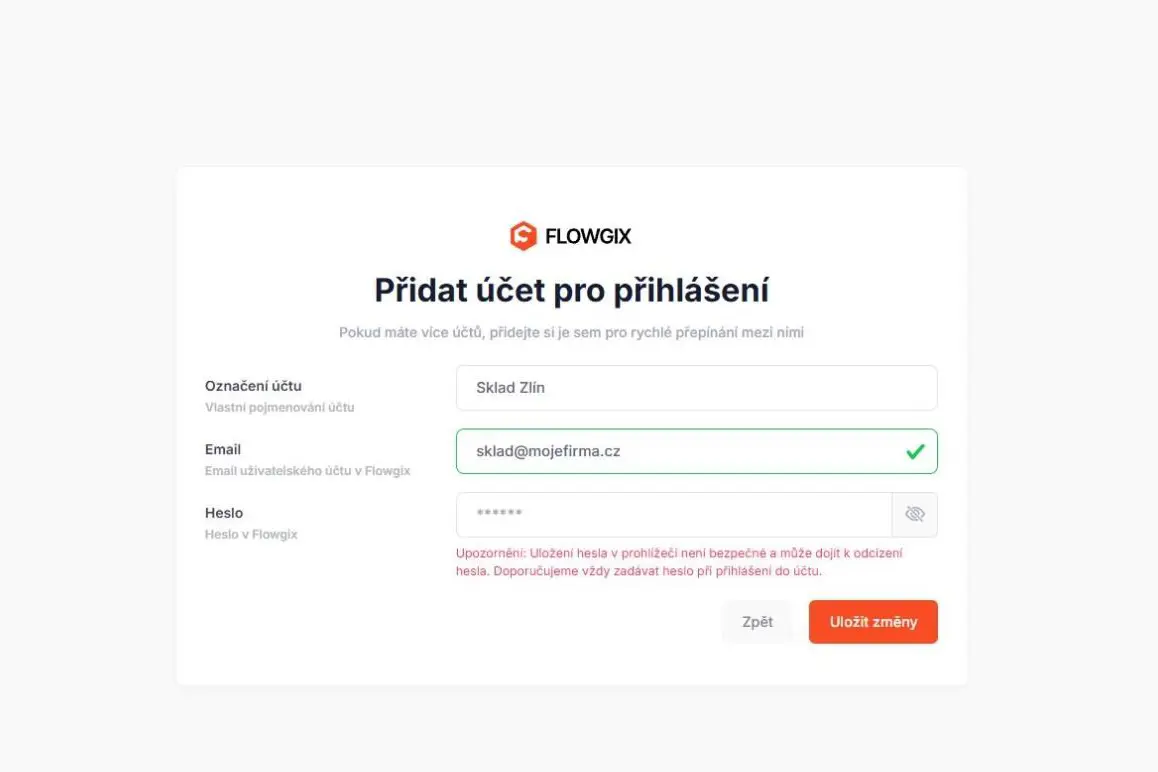 Formulář Přidat účet pro přihlášení s poli Označení účtu, Email a Heslo