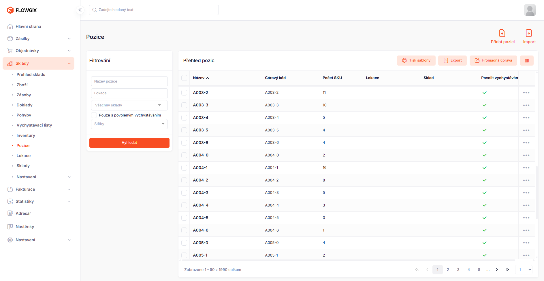 Adresace skladů ve Flowgix